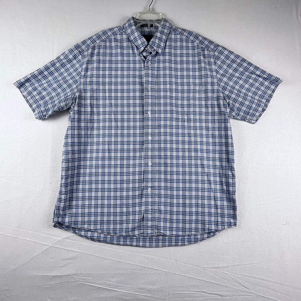 Eddie Bauer Mens Large Blue White Plaid Weathered Oxford Short Sleeve Shirt L